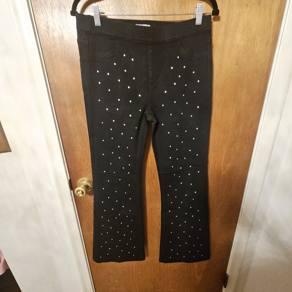 Black Embellished Stretch Pants with Rhinestones
